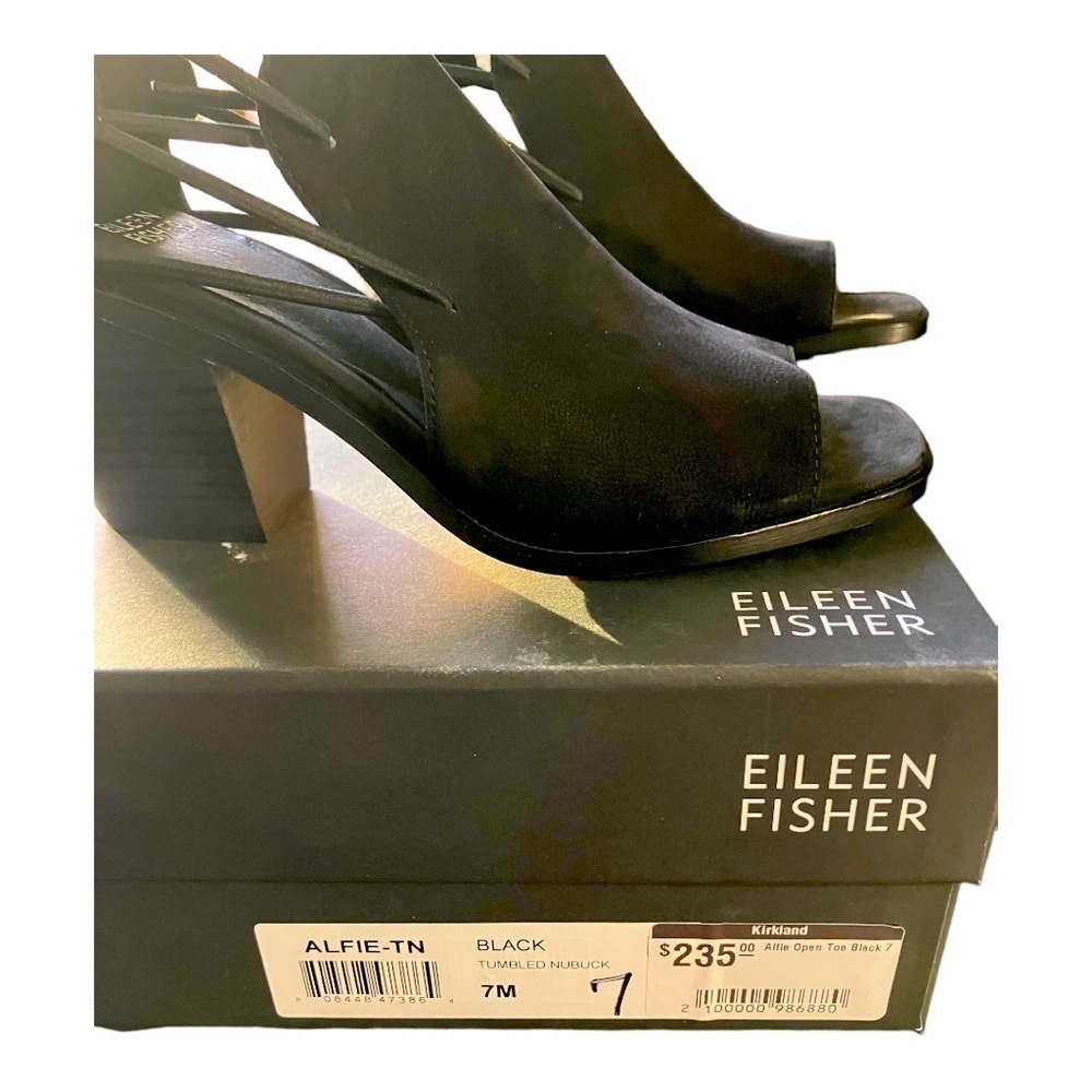 Eileen Fisher Black Suede Alfie Heels Peep Toe 3” Block Size 7 New Box - Picture 6 of 10